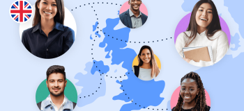 A map of the United Kingdom with six students on it.