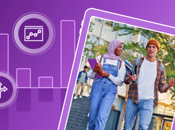 Two international students in 90s style Western clothing (flannel shirts and denim overalls) walk through a sunny campus in late spring. They are framed by illustrated charts and graphs.