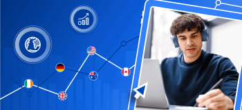 An international student wearing headphones writes on a pad of paper to the left of his laptop. He's framed by an illustrated background with the maps of Ireland, Germany, the UK, the US, Australia, and Canada as points on a line chart over a blue background.