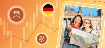 ApplyInsights blog banner with a chart illustrated over a yellow background, accompanied by round illustrations of a student, the German flag, and a gear next to a phone screen frame with a picture of two students in Germany looking at a map