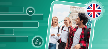 Three international students in a green frame with an illustration of a UK flag and a chart