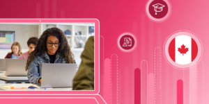 In an illustration of a laptop screen, a photo of an international student sitting looking at their own laptop, all on top of a red banner that features an illustration of a generic column chart and a Canada flag