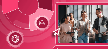 International students walk together on campus. They're framed by a red illustrated background with a globe icon and a briefcase icon.