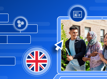 Banner for article showing UK flag and three students