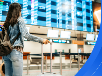 A female international student wearing casual clothes and holding luggage stands in front of a large screen with flight information at an airport.