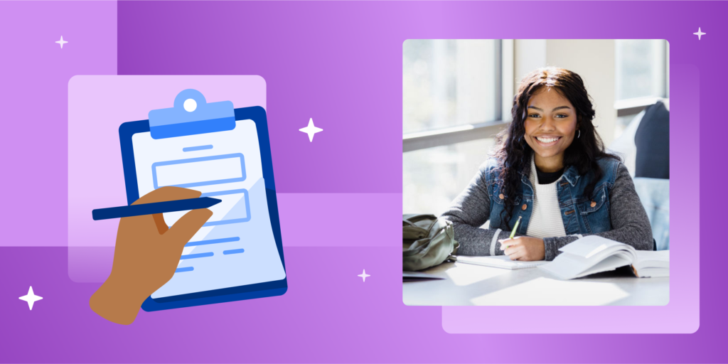 A photograph of a smiling student with an illustration of a checklist beside her, on top of a purple illustrated background.