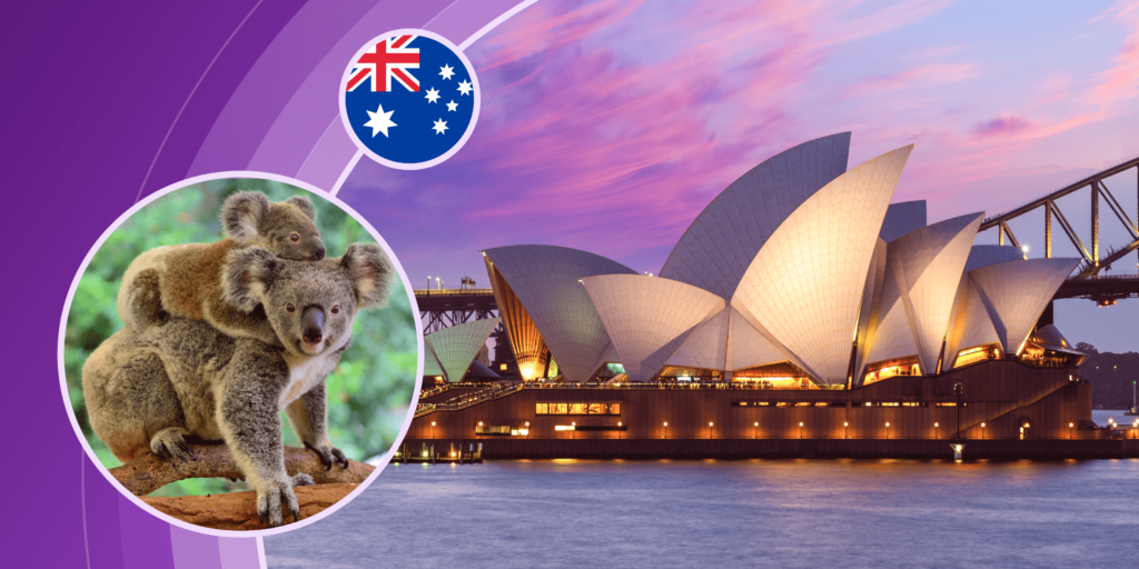 Symbols of Australia: koala bears in a forest, the Sydney Opera House at sunset (a large building structured with walls that look like dramatic white sails) and the Australian flag