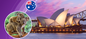 Symbols of Australia: koala bears in a forest, the Sydney Opera House at sunset (a large building structured with walls that look like dramatic white sails) and the Australian flag