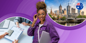 An international student in a purple hoodie holds a laptop and adjusts her glasses; behind her is a purple banner with two round photos of Sydney and someone handing over a passport and documents