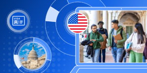 A group of international students walk through a walkway with pillars on a college campus. They are framed by a representation of the American flag, the White House, and a student visa.