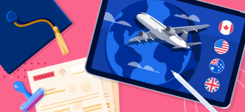 A graduation cap, a tablet computer showing an image of an airplane and some flags, and a Canadian study permit.
