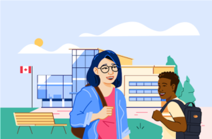 Two students greeting each other in front of a campus.