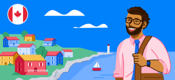 An illustration of an international student with their Canada student visa next to Canada's east coast.