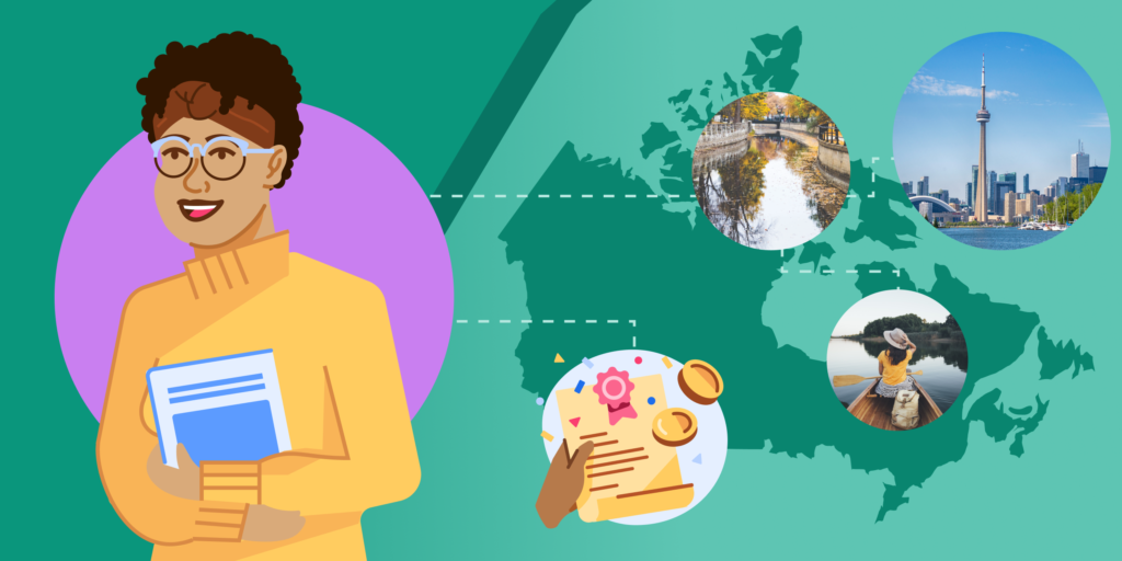 An illustrated map of Canada is overlaid by scenes from Central Canada. A young woman holding a book is in an overlaid illustration in the left side of the image.
