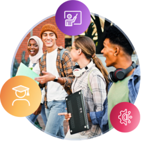 A group of smiling international students walk together on campus.