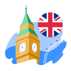 Illustration of the UK flag (Union Jack), the London Eye, and Big Ben