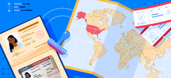 A US passport, a map of the world, and a pair of plane tickets.