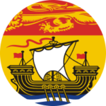 A partial flag of New Brunswick: a single-mast ship on a blue sea with a yellow sky, under a stylized yellow dragon on a red field