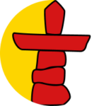 A partial flag of Nunavut: a red inukshuk (rock tower) on a white and yellow background.