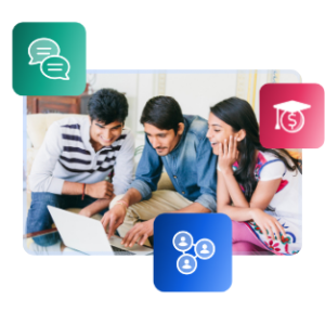 A trio of international students look at a laptop. They are framed by illustrations of two speech bubbles, a grad cap with a coin under it, and a network of people.