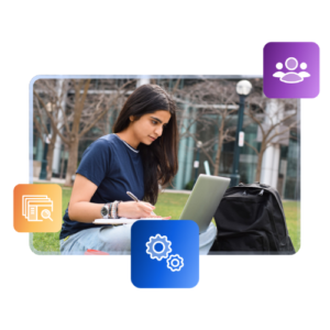 An international student sits on a campus lawn in the spring. She is surrounded by deciduous trees which are not yet in leaf, and holds a silver laptop on her lap while also balancing a notebook and pen. A black backpack leans on her legs.