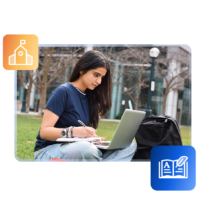 An international student sits on a campus lawn with a laptop and a black backpack.