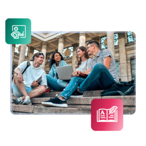 Four students sit on a wide staircase talking to one another, in front of a building with prominent columns