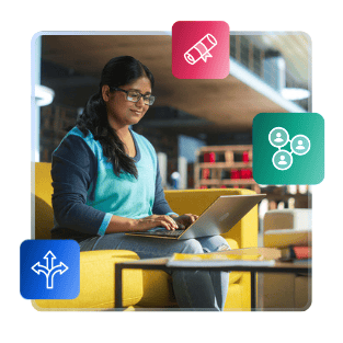 A female international student sits in a library, looking at an open laptop. She is framed by illustrations of an arrow pointing in multiple directions, a rolled diploma, and a network of people.