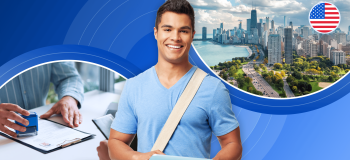 A smiling international student holds a laptop in front of a blue background, which also features circular pictures of a city and someone approving a visa application form