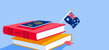 Illustration of stack of books with passport and Australian flag